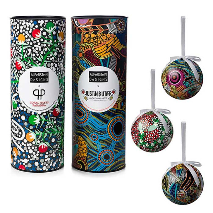 Christmas baubles to decorate your Xmas tree this year featuring the artworks of incredible Aboriginal artists from Australia