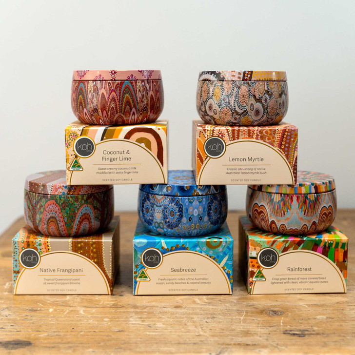 Aboriginal design candle tins featuring beautiful scents.