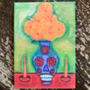 Vintage Magnet Painting Print by Chicana Artist Emilia Garcia, Skull Vase w Marigold Dia de Muertos