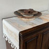 Handmade Fair Trade Table Runner, White Color Base with Light Golden Geometric Designs with Tassel Ends