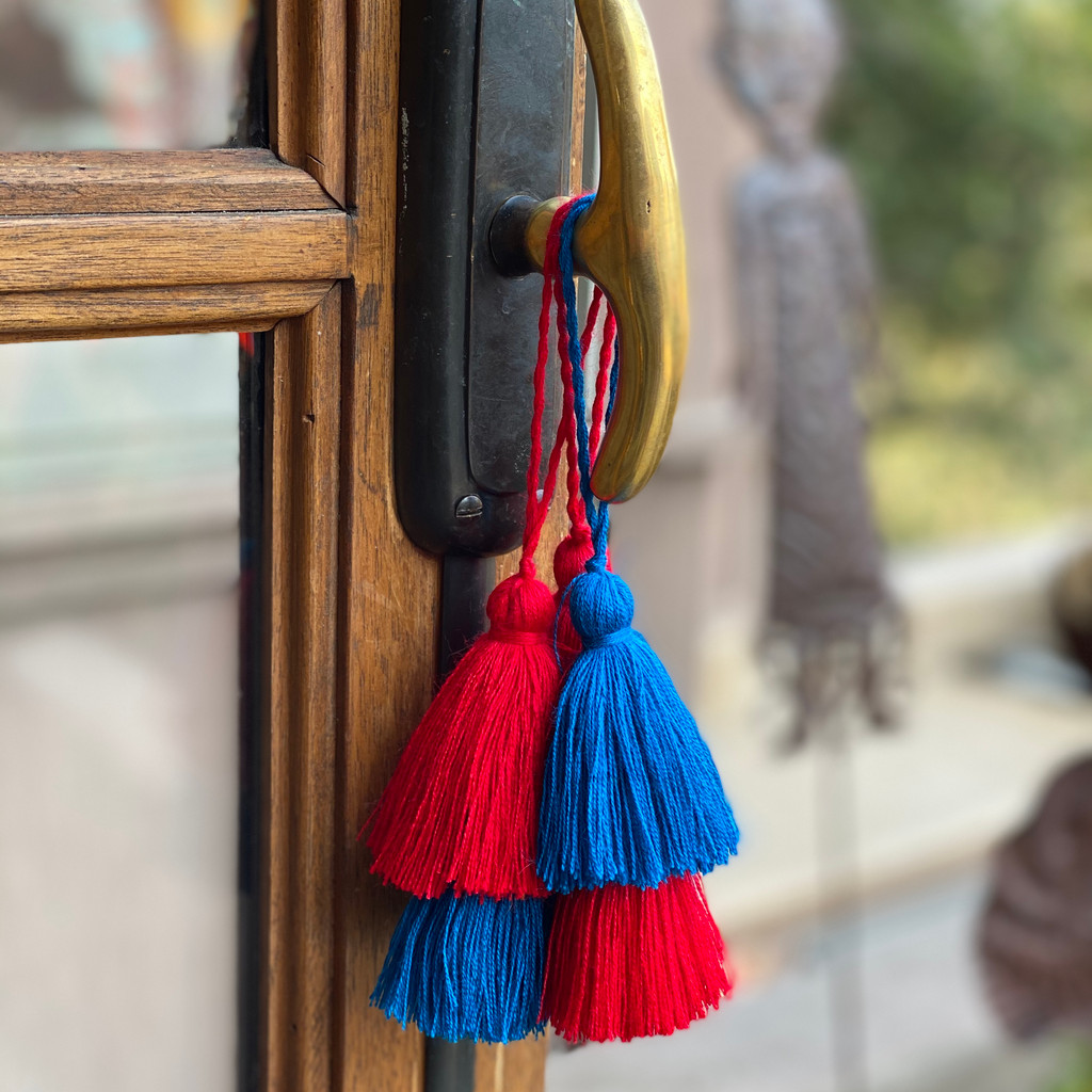 Teal Blue Tassel with Festive Red, Handmade Tassels, Keepsake Decorative Embellishments, Arts and Crafts, Christmas, Gift Giving 1.75" x 8"