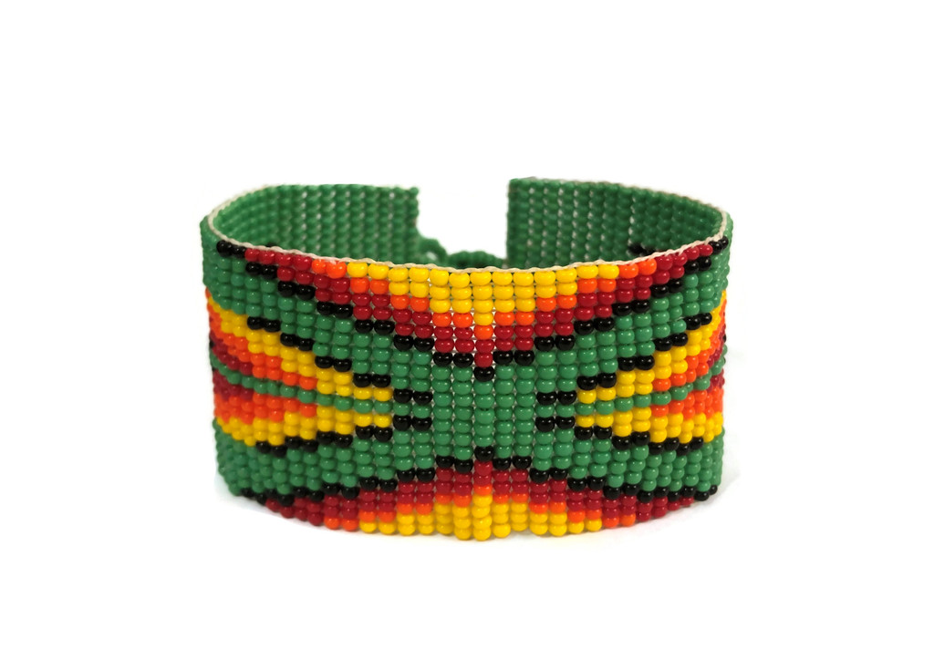 Handmade Wristband Bracelets, Handcrafted Jewelry, Beaded Woven Bracelet, Green, Yellow, Orange, and Black Color Beads, 1.5 x 8 Inch