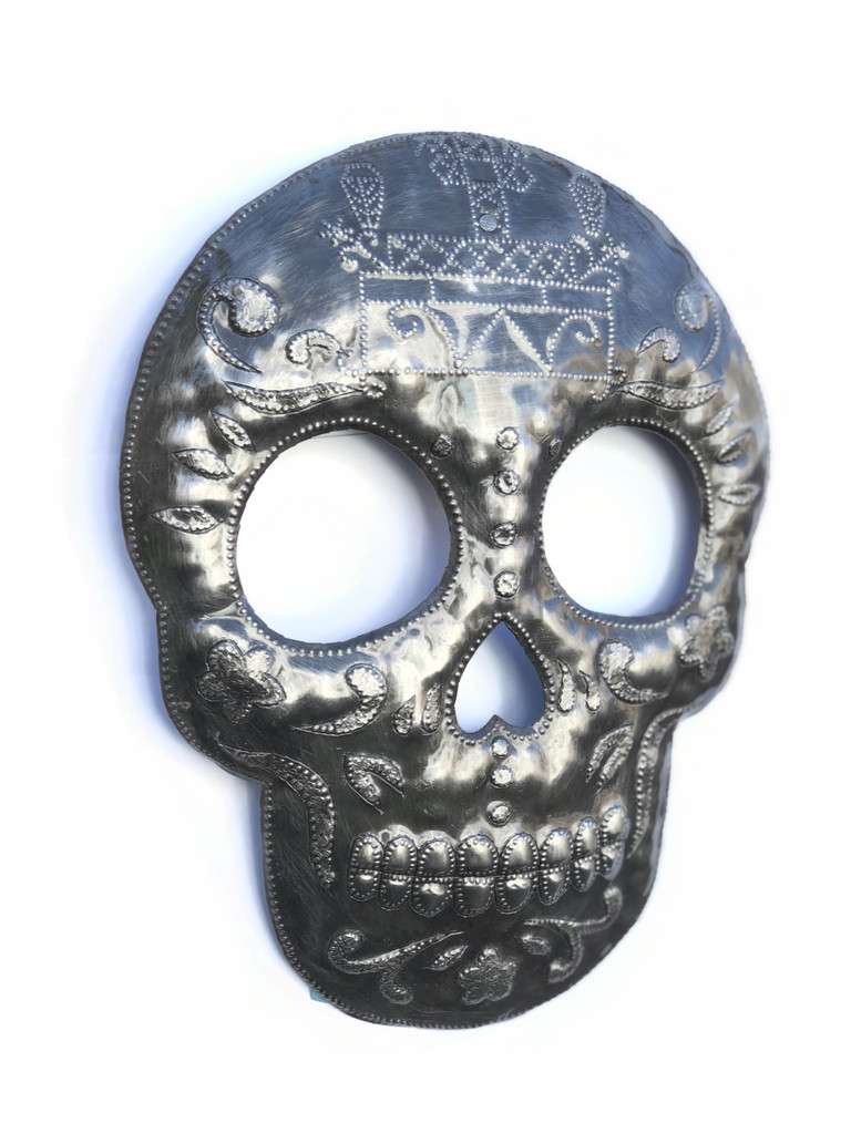 Veve Baron Samedi Skull Metal Wall Hanging Sculpture, Sugar Skull Skeleton Artwork, Handmade in Haiti, Recycled Metal 7.6 X 9.75 Inches