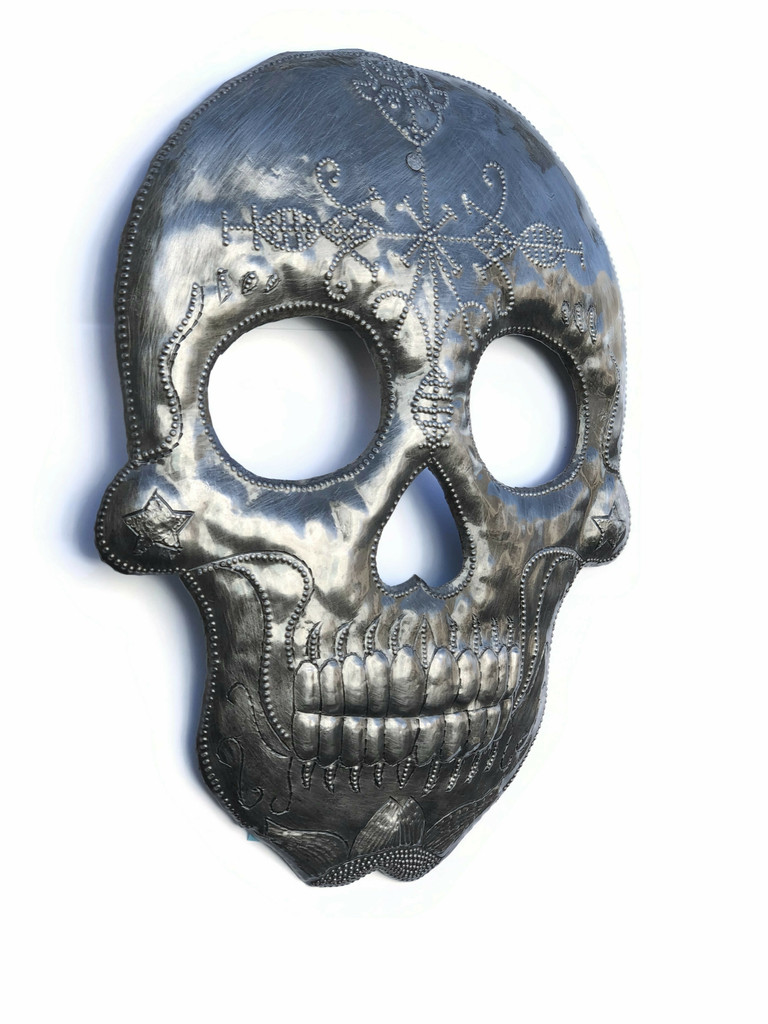 Veve Bossou Skull Metal Wall Hanging Sculpture, Sugar Skull Skeleton Artwork, Handmade in Haiti, Recycled Metal 7.6 X 9.75 Inches