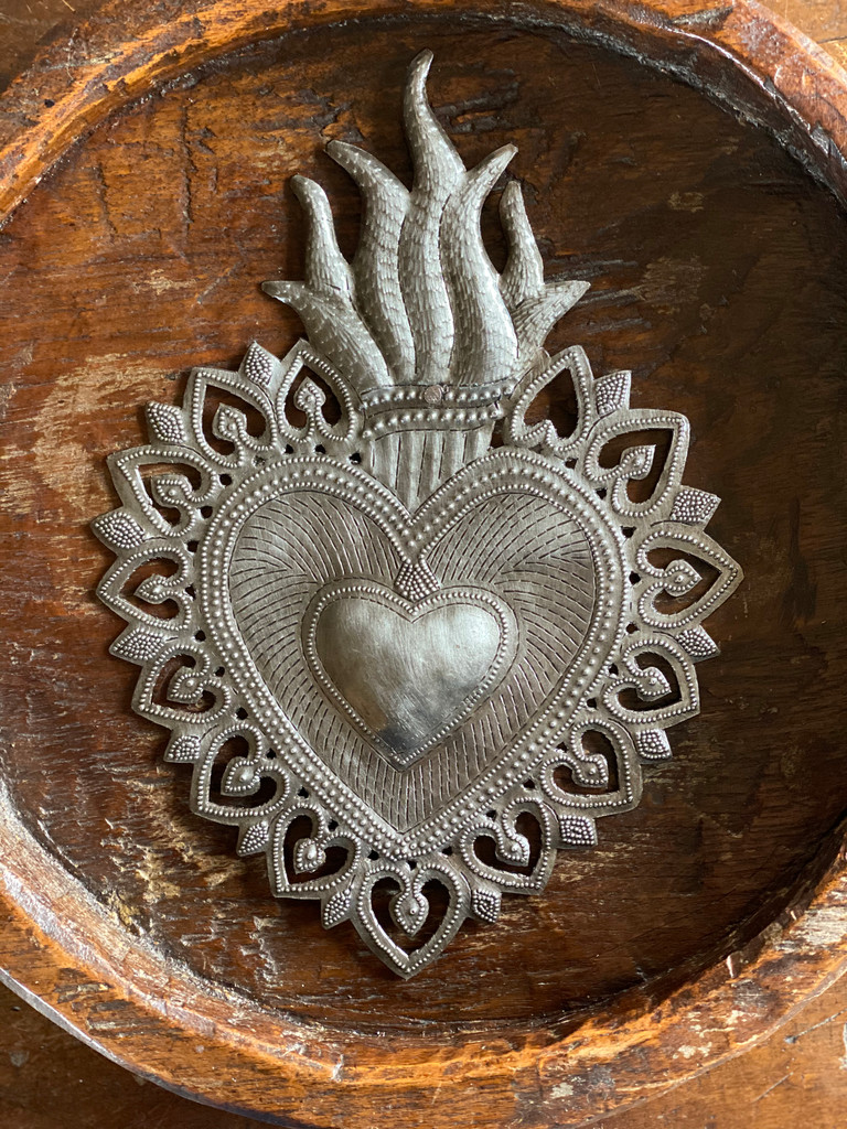 Sacred Heart, Flaming Heart, Religious Folk Art, Spiritual Home Decor, Haitian Metal Wall Art 7.25 X 10.25 Inches