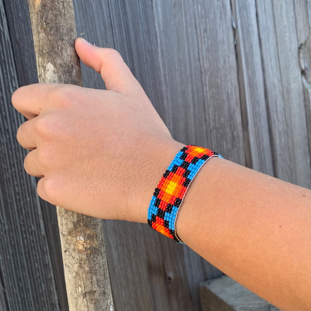 Hand Woven Southwestern Style Bracelets, Narrow Beaded Bracelet, Casual Jewelry, Blue, Orange, Black Seed Beads, Stack .75 x 7.25 Inches