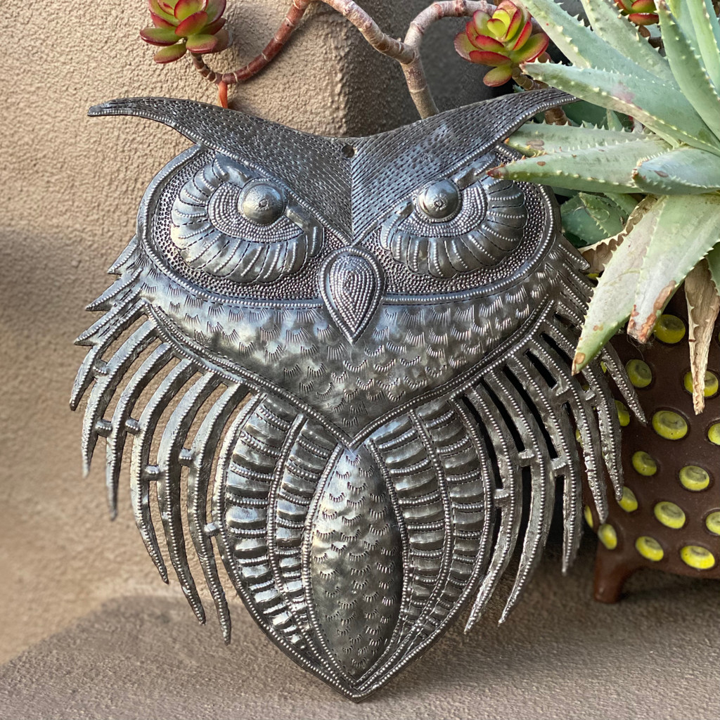 New Owl Metal Wall Art, Handmade in Haiti, Indoor Outdoor Garden Decorations, Upcycled Wall Hanging Artwork, Haitian Décor, 11 x 10.75 Inches 