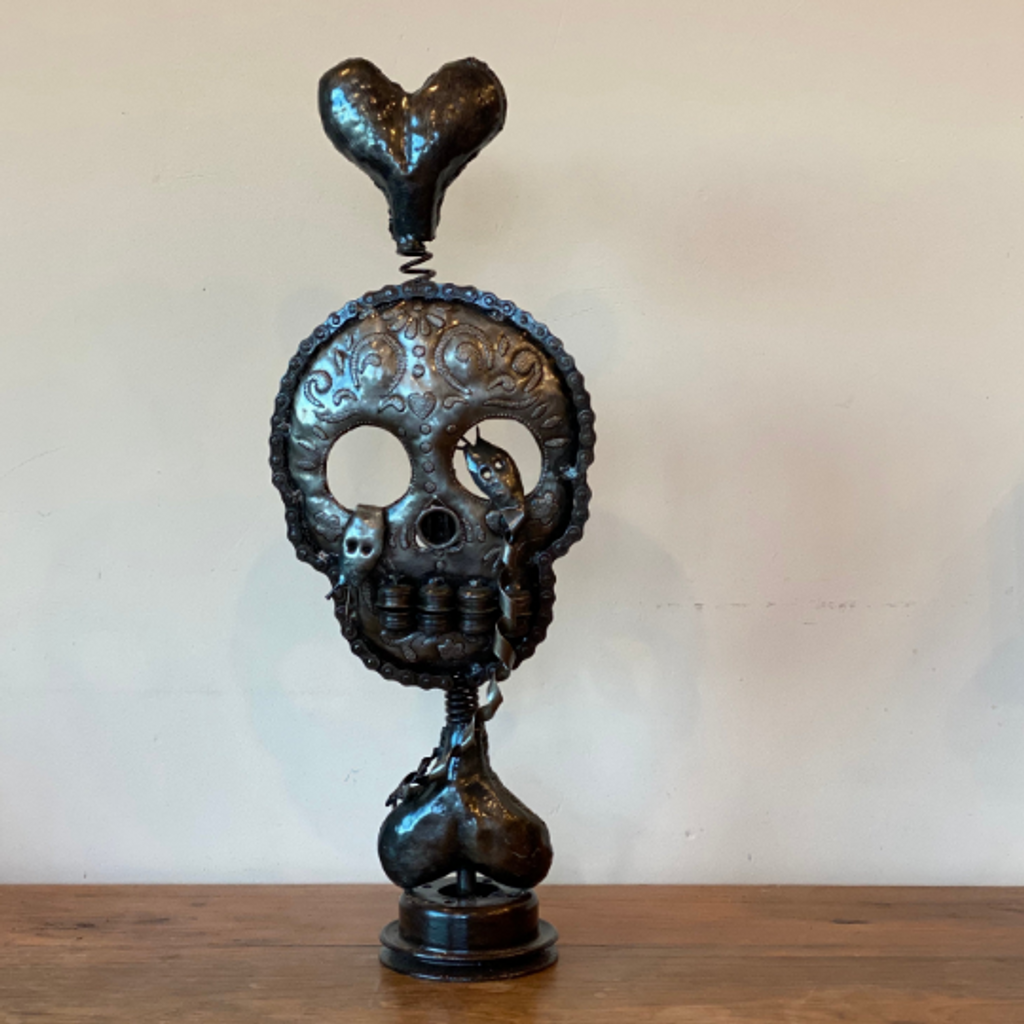 Bike Chain Skull Metal Sculpture, Handmade in Haiti from Recycled Steel Barrels, 23" x 8" x 4.5"