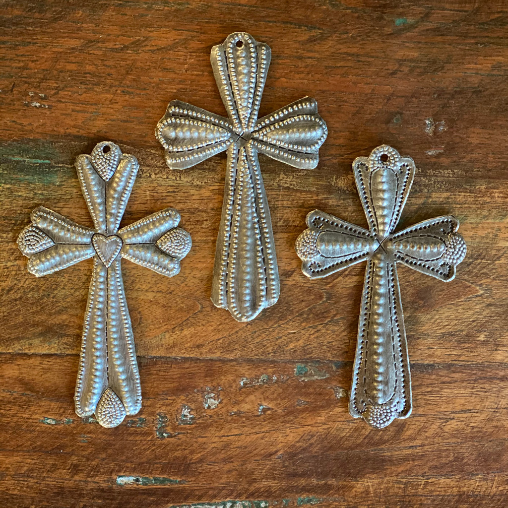 Small Decorative Crosses, Set of 3, Embossed with a Heart and Dots, Handmade from Recycled Material, Haitian Metal Cross Collection