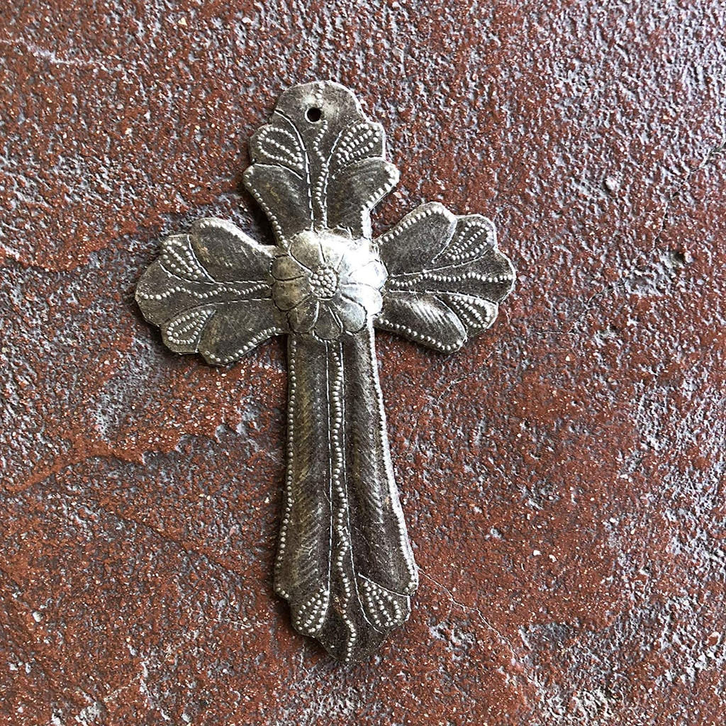 Small Cross with Flower, Handmade in Haiti, Wall Hanging Collection, Decorative Milagro Charms 4 x 6 Inches