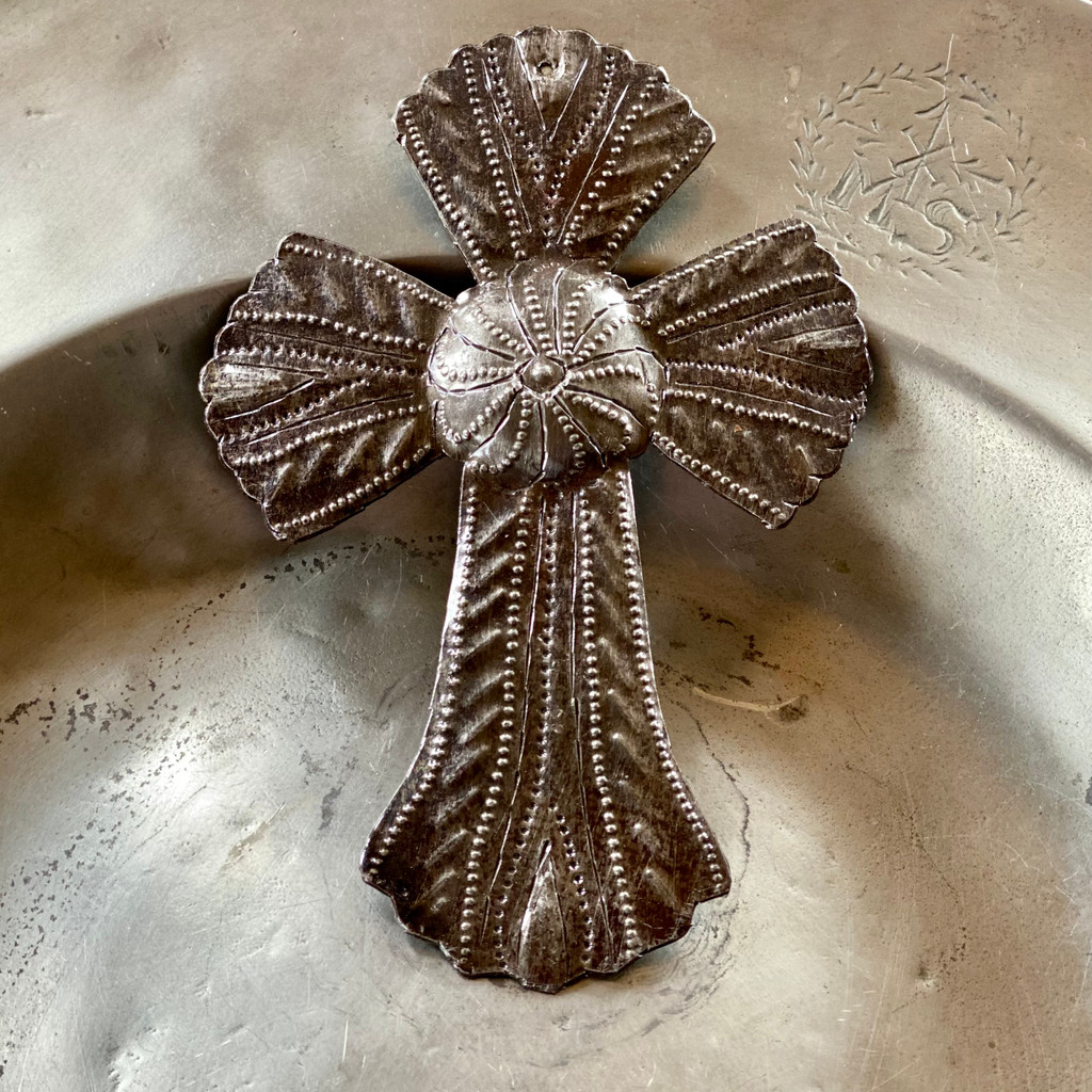 Small Cross with Flower, Silver Bronzed Metal, Handmade from Recycled Material, Wall Hanging Collection, Decorative Milagro Charms 4 x 6 Inches