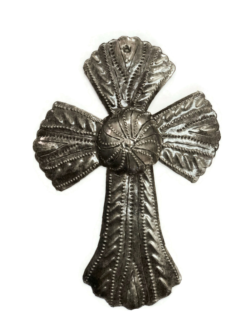 Small Cross with Flower, Silver Bronzed Metal, Handmade from Recycled Material, Wall Hanging Collection, Decorative Milagro Charms 4 x 6 Inches