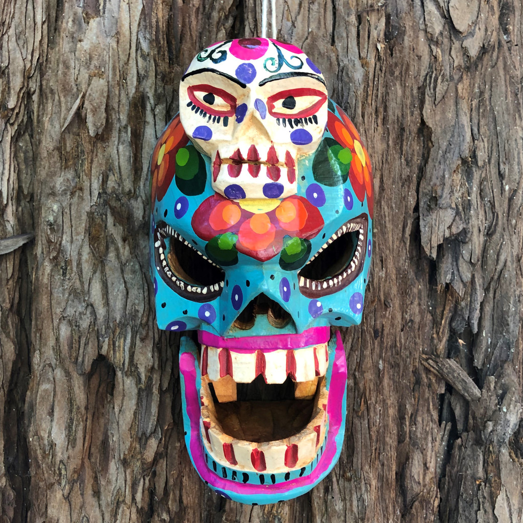 Mask Skull with Monkey, Wooden Hand Carved Skeleton, Day of the Dead, Decorative Painted Flowers