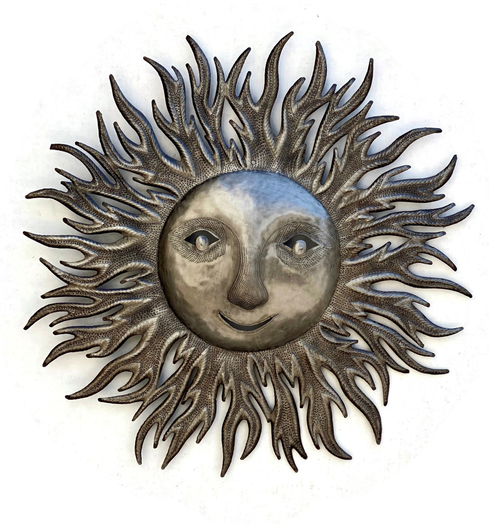 Metal Wall Hanging Sun, Windblown Sculpture from Haiti, Display Indoor or Outdoor 23 x 23 Inches, Home Decor