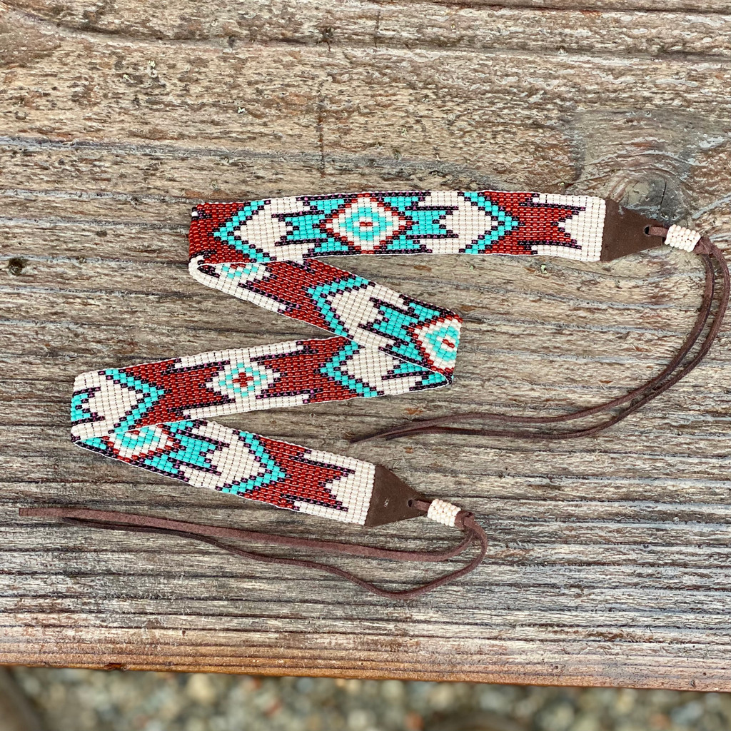 Beaded Hat Band, Hatband, Hat Accessory, Leather Ties, Men, Brown, Turquoise, and Cream, Mayan Design, Handmade in Guatemala