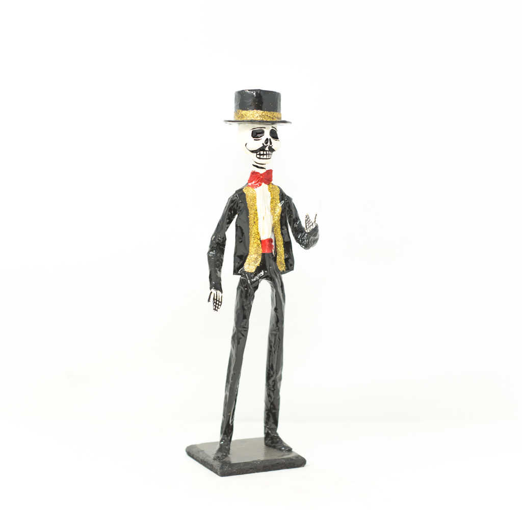 El Catrin Mexican Skeleton, Hand Painted Groom, Black Suit, Gold Vest with Red Bow Tie, Folk Art Doll, Day of the Dead Decorations
