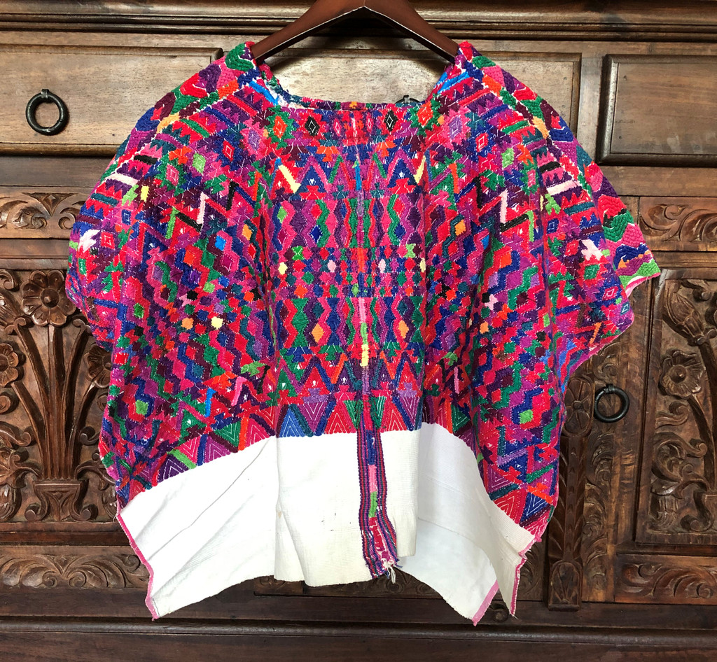 Huipil Hand Woven Blouse from Guatemala, Multi Color, Pink, Authentic, Vintage, Handmade, Collection