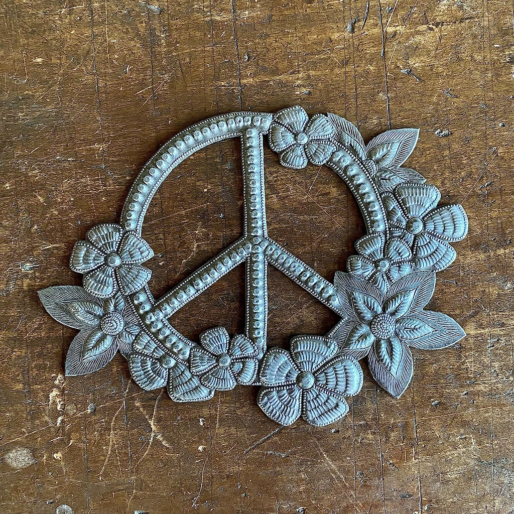 Peace Sign, Floral Art, Haiti Fair Trade, Metal Wall Art, Ornaments, Gift, Handmade, Boho Decor 8 x 6 Inches