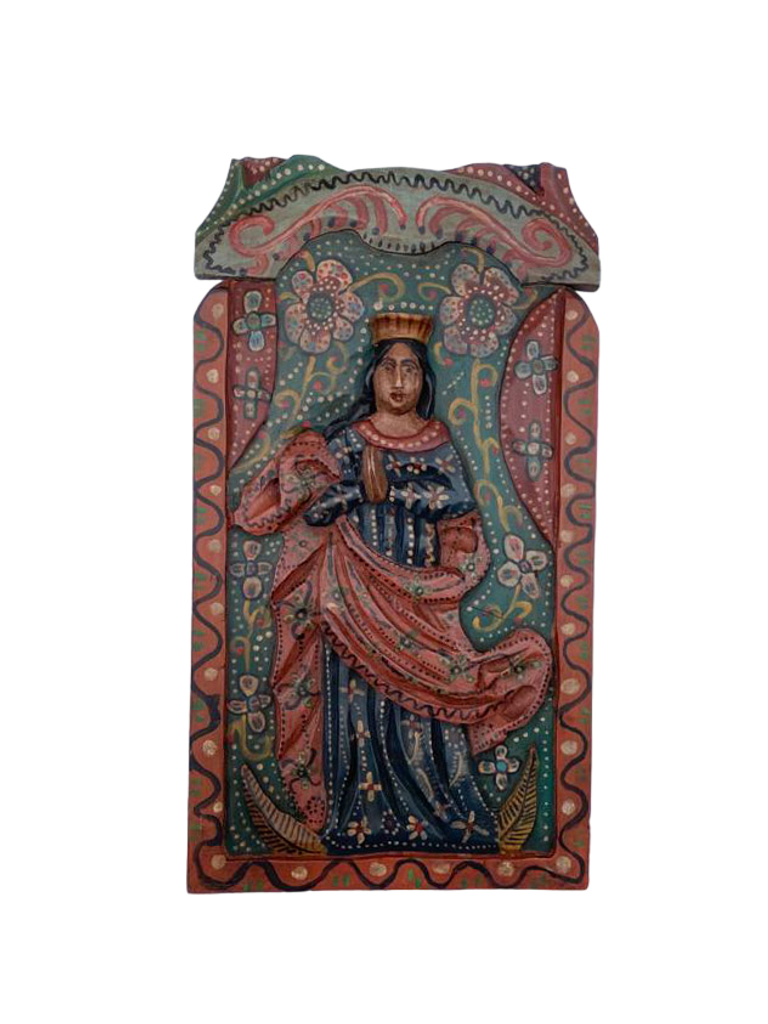 Handcarved Saint Barbara, Handcarved Santa Barbara, Santa Barbara Wooden Plaque, Vintage Wooden Plaque 