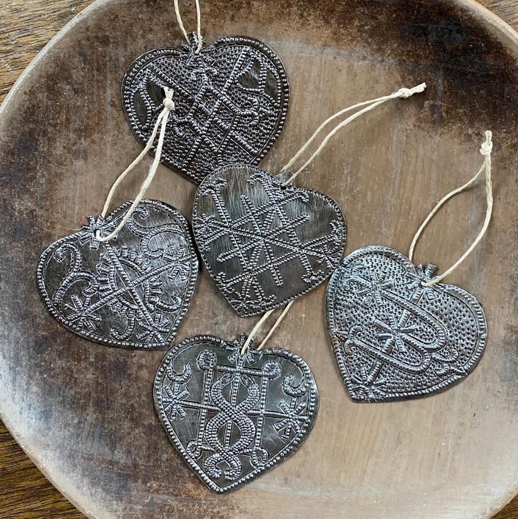 Veve Symbol Metal Heart Ornaments, 2.5" Set of 5 Veve Design Hearts, Haitian Metal, Upcycle Eco-Friendly Gifts