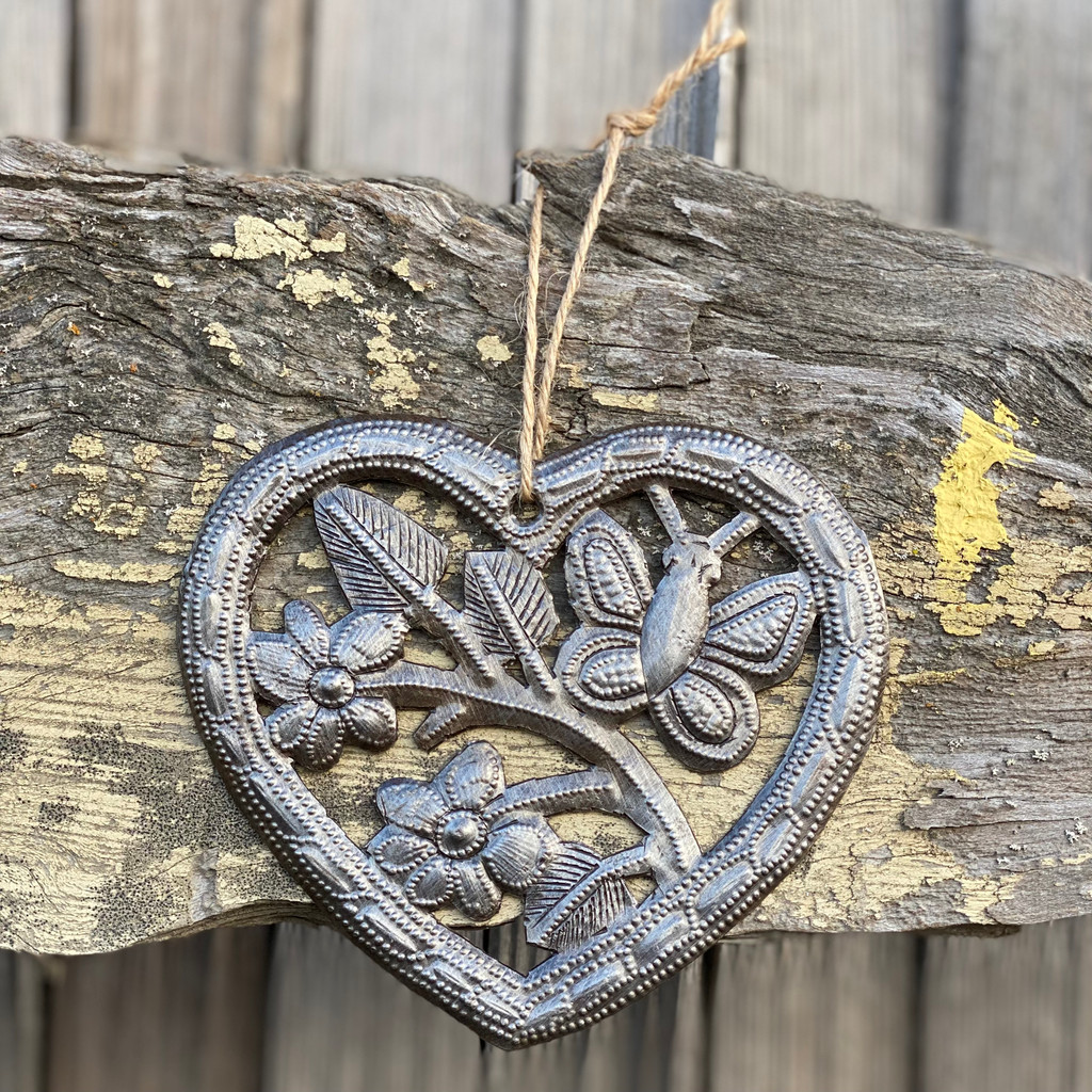 Heart Ornament with Flowers and a Butterfly Cut Out, 4.5 x 4.5 Inches, Handcrafted in Haiti, Decorative Christmas Ornaments