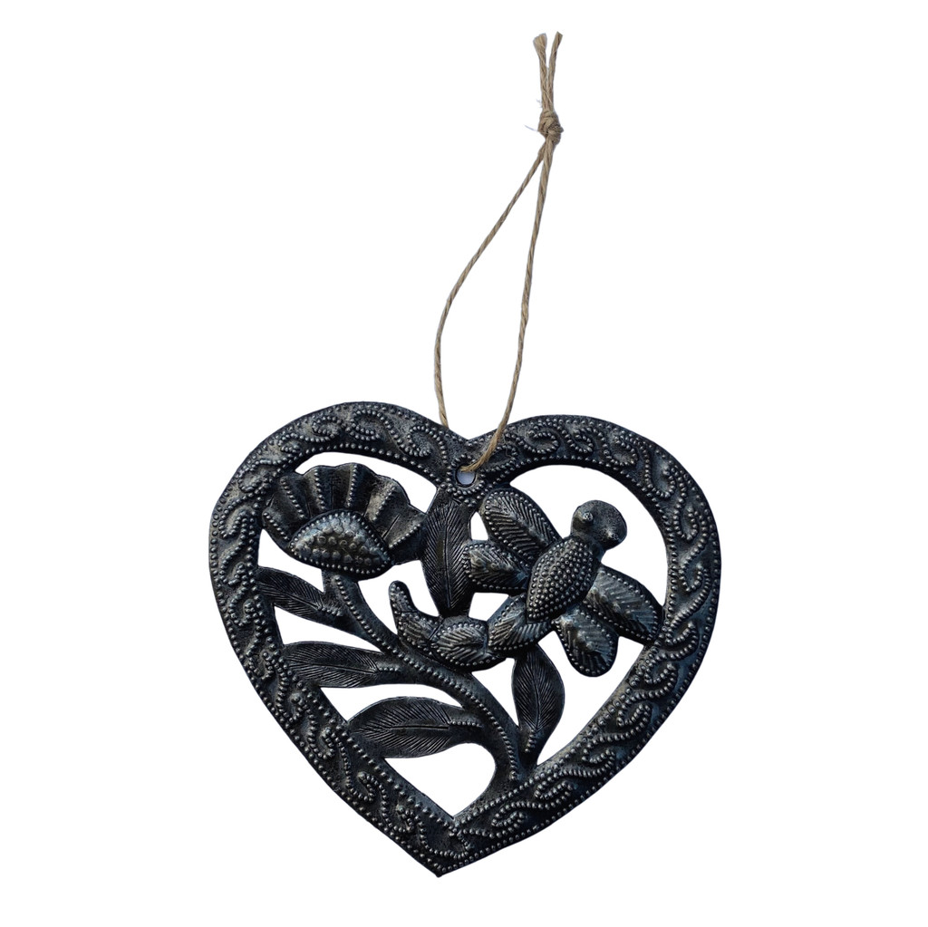 Heart Ornament with a Flower and Dragonfly Cut Out, 4.5 x 4.5 Inches, Handcrafted in Haiti, Decorative Christmas Ornaments