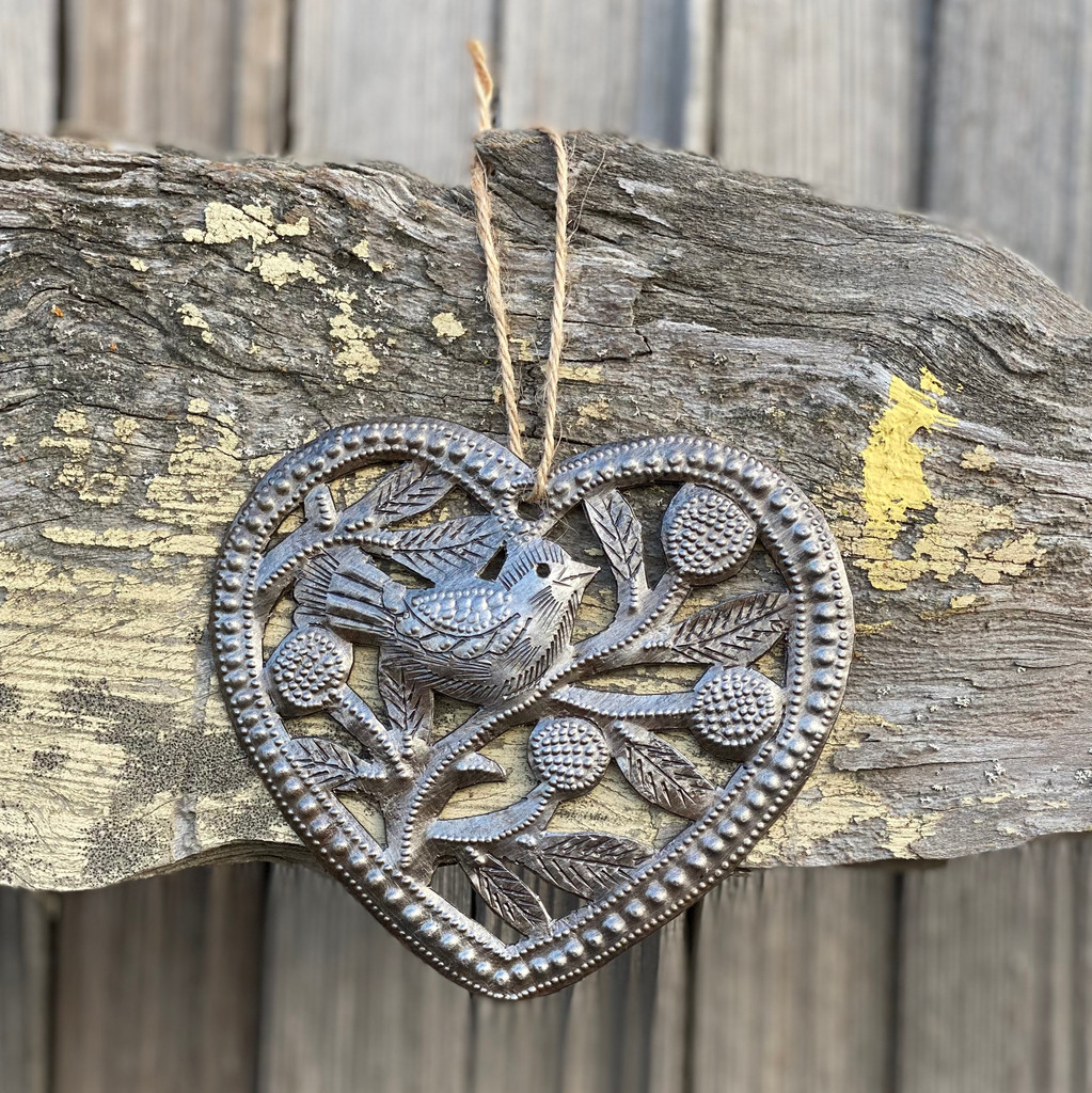 Heart Ornament with a Flower and Bird Cut Out, 4.5 x 4.5 Inches, Handcrafted in Haiti, Decorative Christmas Ornaments