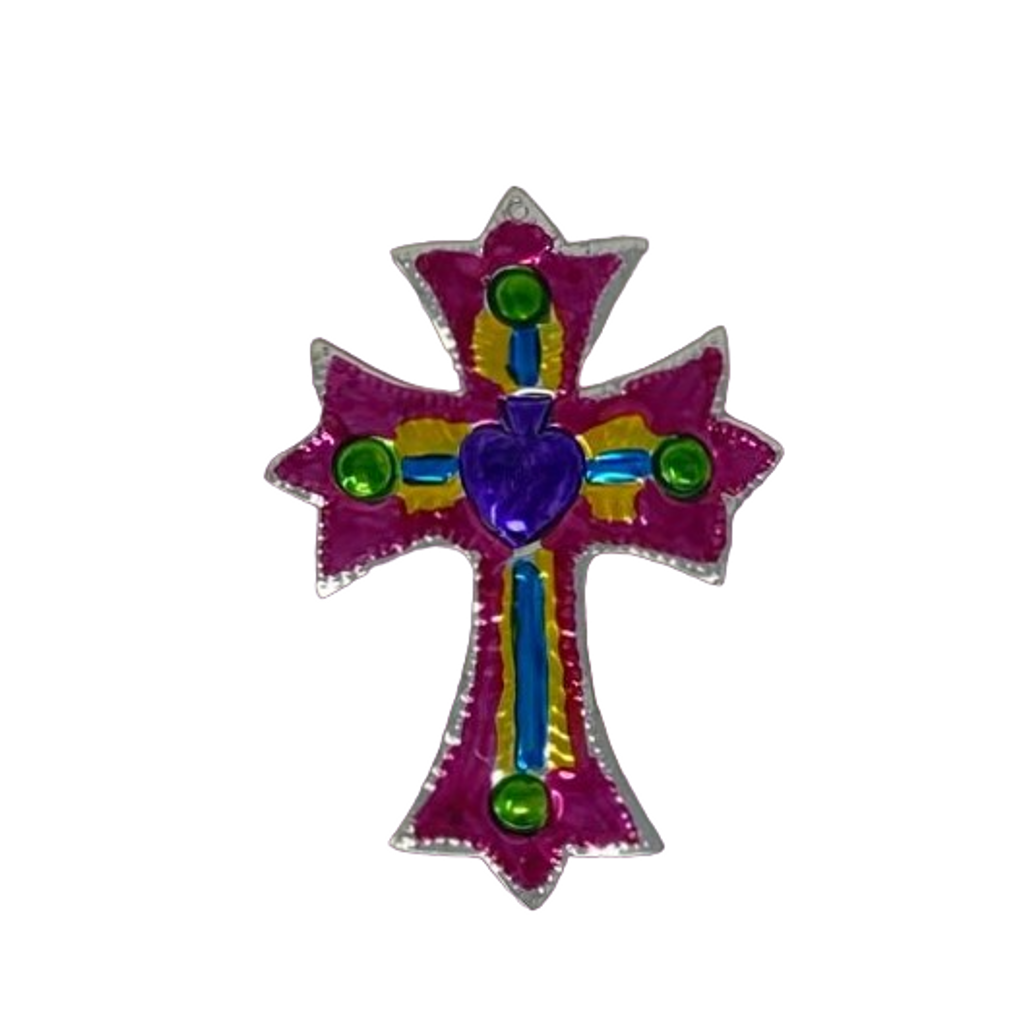 Pink Tin Cross Ornament, Tin Cross with Milagro Heart, Religous Ornament, Religious Christmas Ornament 