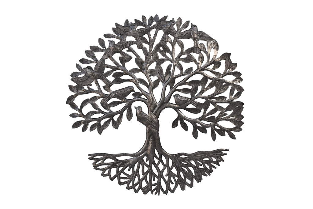 Tree of Life with Bird on Trunk, Handcrafted Wall Hanging Metal Artwork, Indoor Outdoor Display 23"