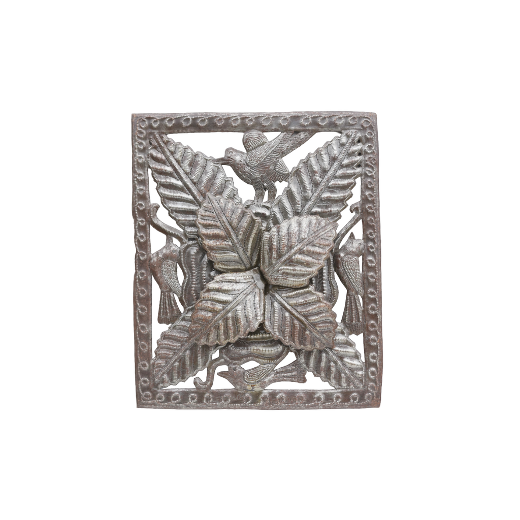 Handcrafted Haitian Metal Art, Floral Design, Metal Floral Design with Birds, Bird & Flowers 