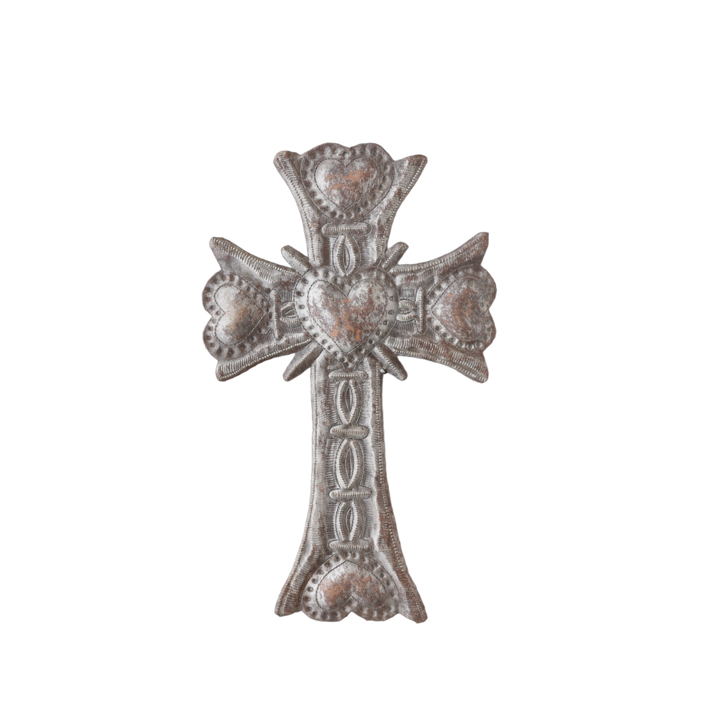 Religious Cross, Metal Cross, Heart Cross, Cross with Hearts, Metal Cross with Milagros, Milagro Cross
