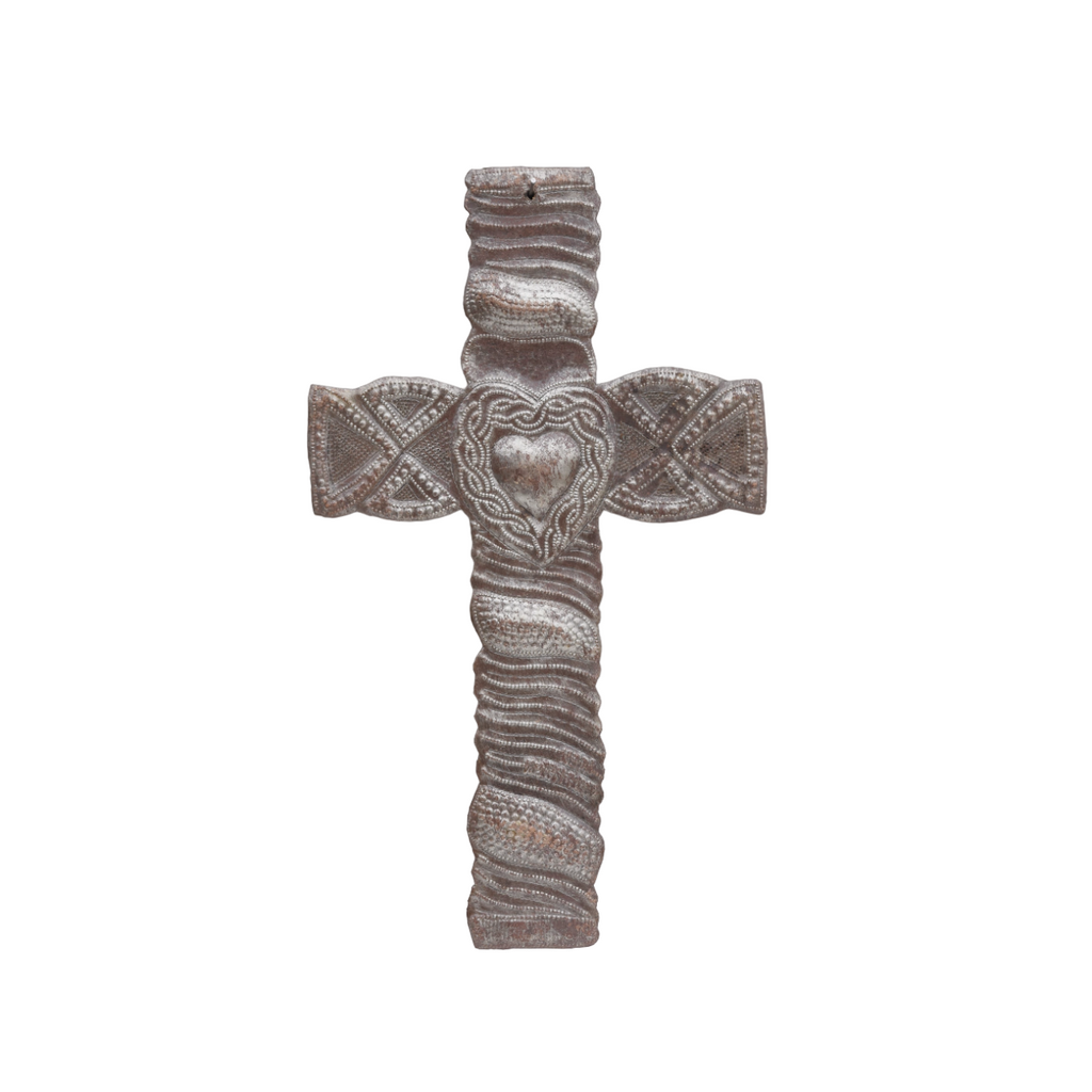 Metal Cross, Cross Art, Cross Sculpture, Cross Decor, Cross with Heart, Cross with Milagro Heart