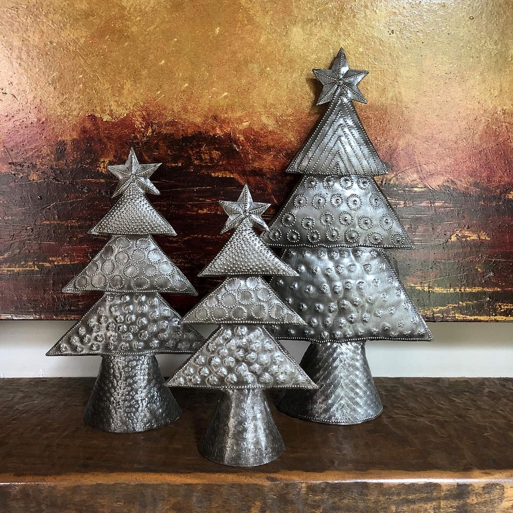 Metal Christmas Trees, Set of 3, Holiday Table Top Decor, Gift Giving, Tallest 11" (Christmas Trees)