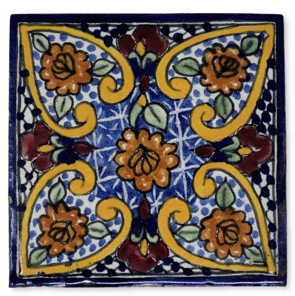 Talavera Tile, hand painted, La Corona Family, Puebla Mexico 4" x 4", Marigold Talavera Tile, Talavera Tiles, Marigold Ceramic Tiles, Mexican Kitchen, Mexican Home Decor, Mexican Ceramics 