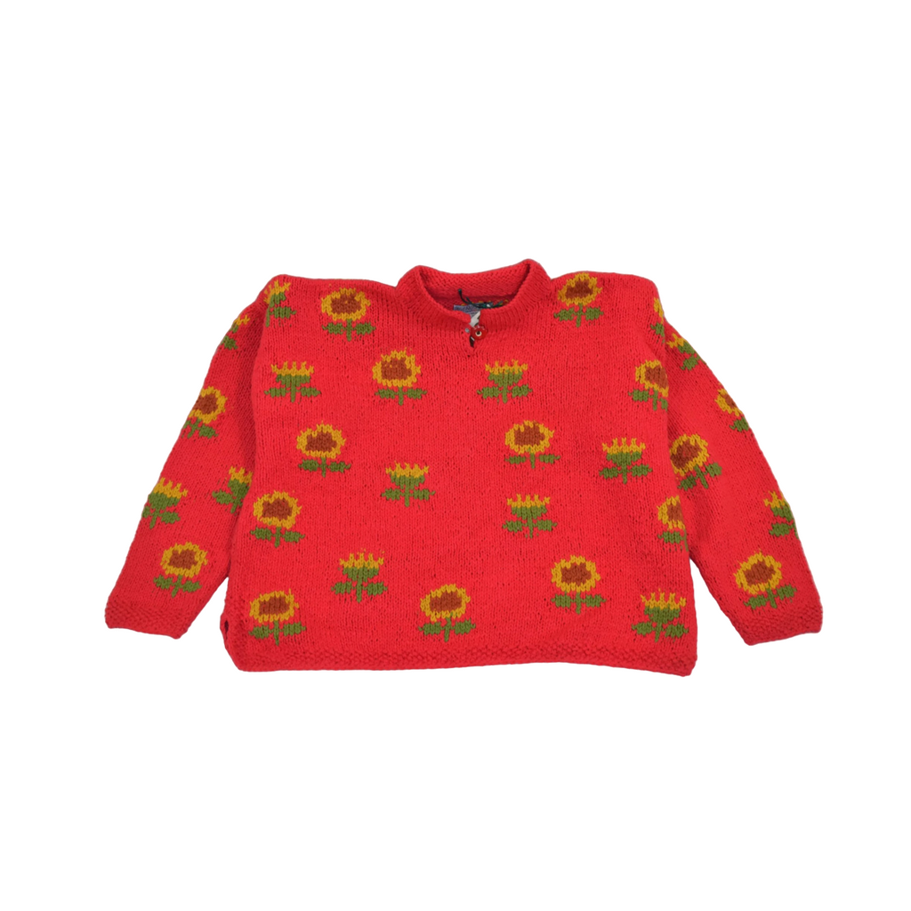 Handmade Wool Sweater, Handmade Red Wool Sweater, Handmade Sunflower Wool Sweater, Cozy Wool Sweater, Vintage Bolivian Wool Sweater 