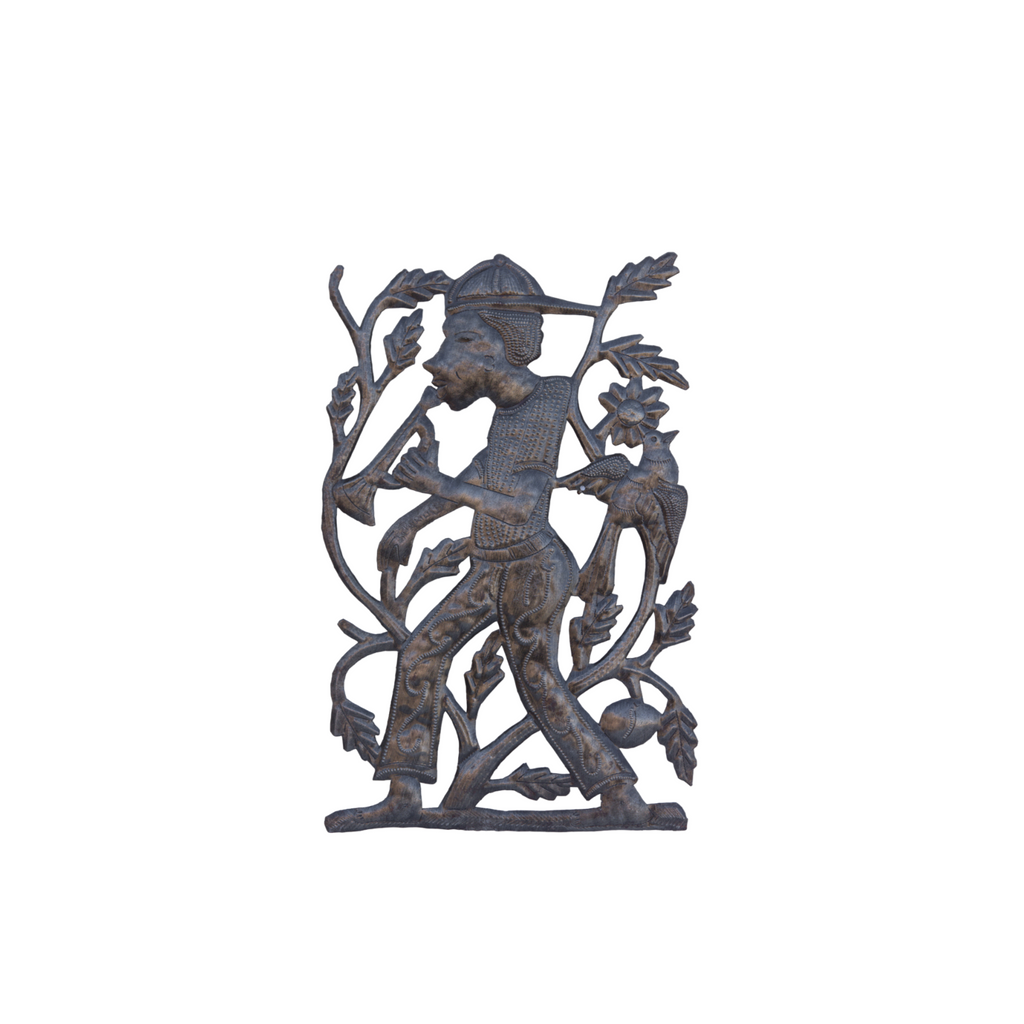 Handmade Haitian Metal Art, Boy Playing Clarinet, Boy Playing Music, Boy with Birds, Boy Playing Music for Birds 