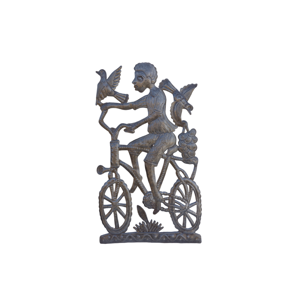 Boy Riding Bicycle, Boy Riding Bike, Boy on Bike with Grapes, Boy with Birds, Uncommon Home Decor, Handmade Metal Art