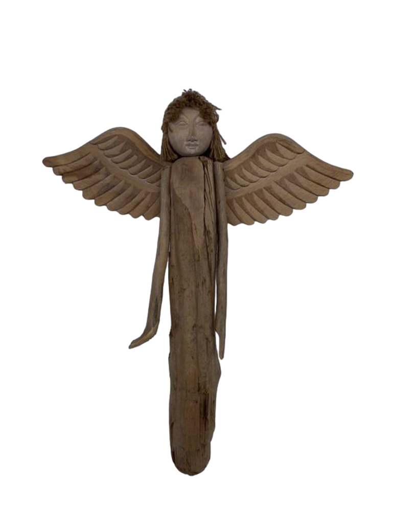 Handcarved Wooden Religious Folk Art, Wooden Angel Made in Puerto Rico, Vintage Decor