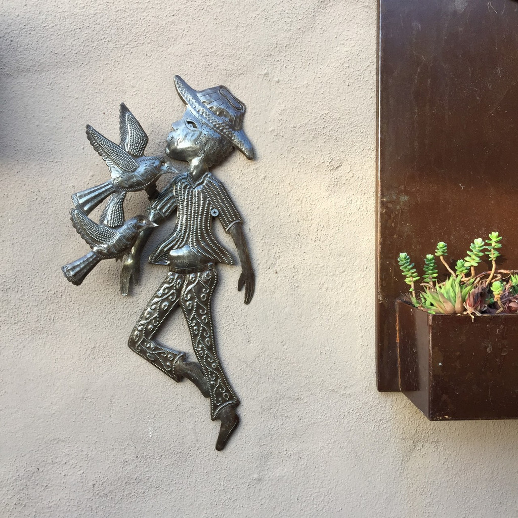 Boy with Birds , folk art sculpture from Haiti Metal art