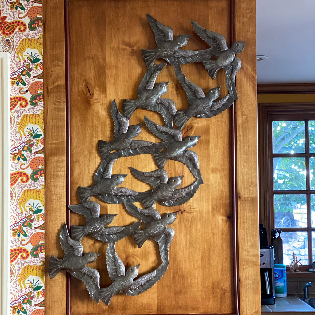 Large Bird Flight Sculpture, Handmade in Haiti, Metal Wall Hanging Decorations, Haitian Artwork 14" X 34"