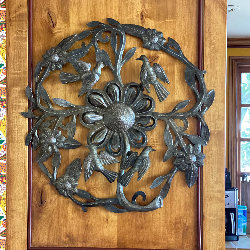 Metal Wall Hanging Ring of Daisies, Spring Garland Decorations, Handmade in Haiti from Recycled Material, Indoor Outdoor Garden Plaque 23.25 x 23.25 Inches