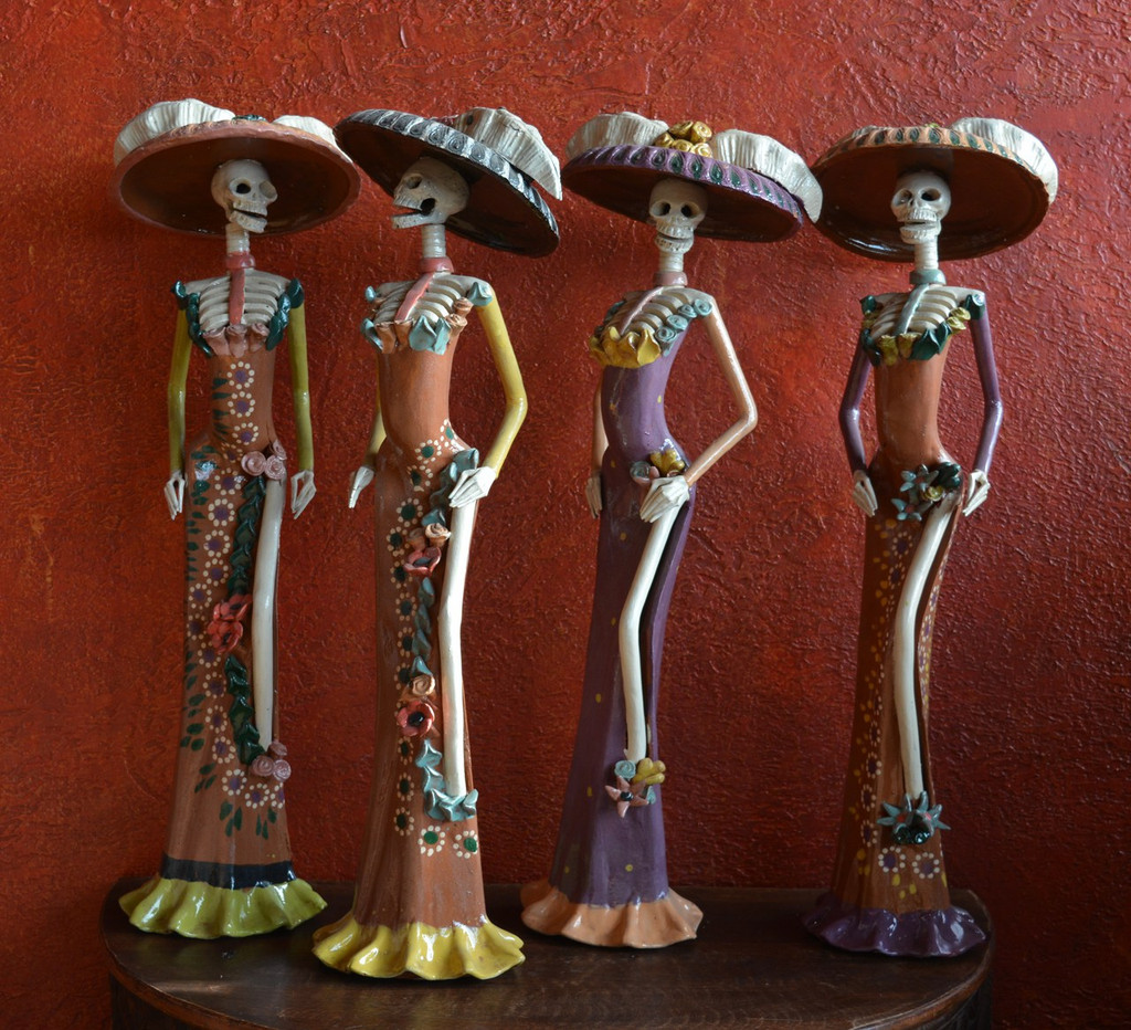 Handcrafted Mexican Folk Art, La Catrina  Ceramic Sculpture, Unique Decor  7"x25"