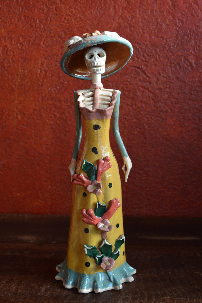 Handcrafted Mexican Folk Art, Catrina for Day of the Dead Altar Sculpture, 4"x14"