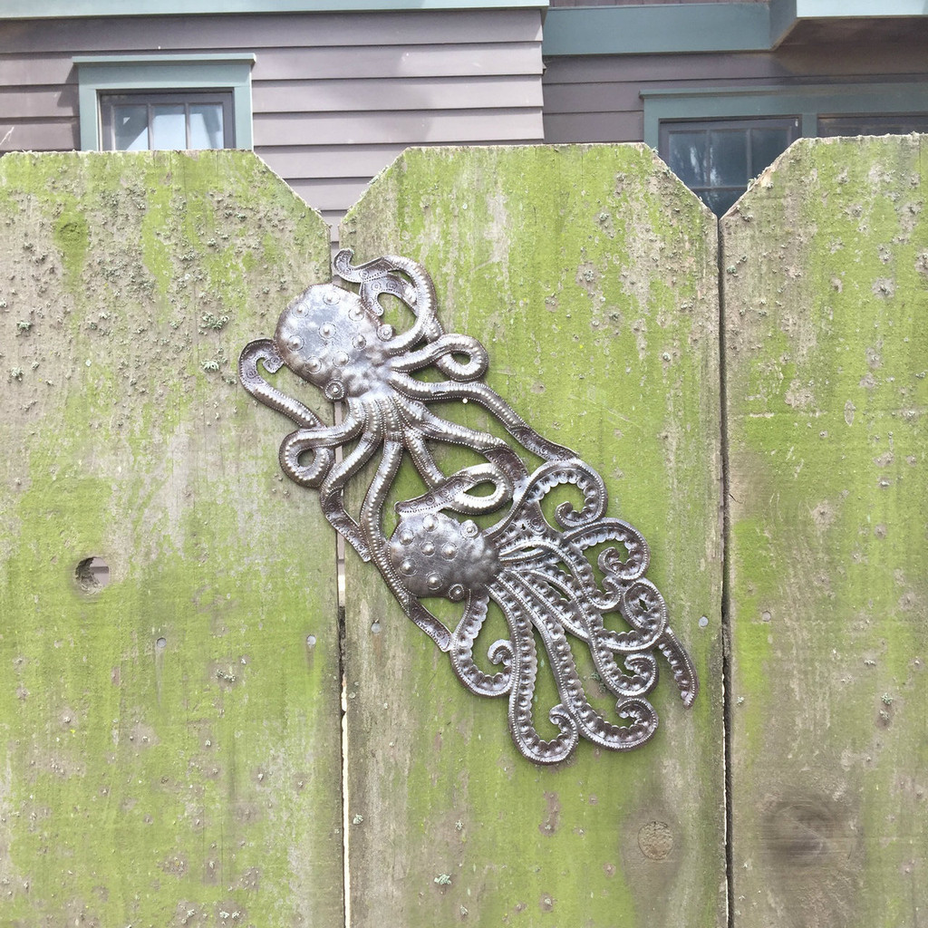 Handmade Octopus, Recycled Metal Ocean Wall Art, Haiti Steel Drum Indoor Outdoor 7.5"x 17.25"