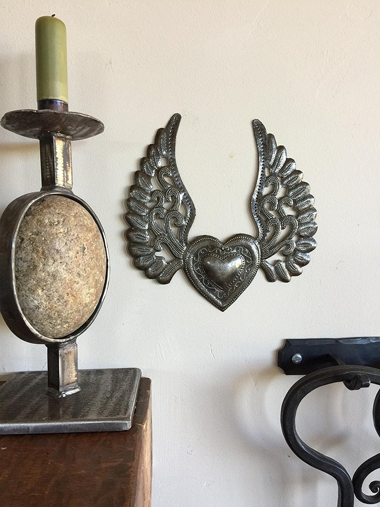 2 Hearts with Wings, Metal Wall Art, Recycled Steel, Haiti Art, Flying Heart, Tattoo Art, Winged Heart made from 55 gallon steel Barrel