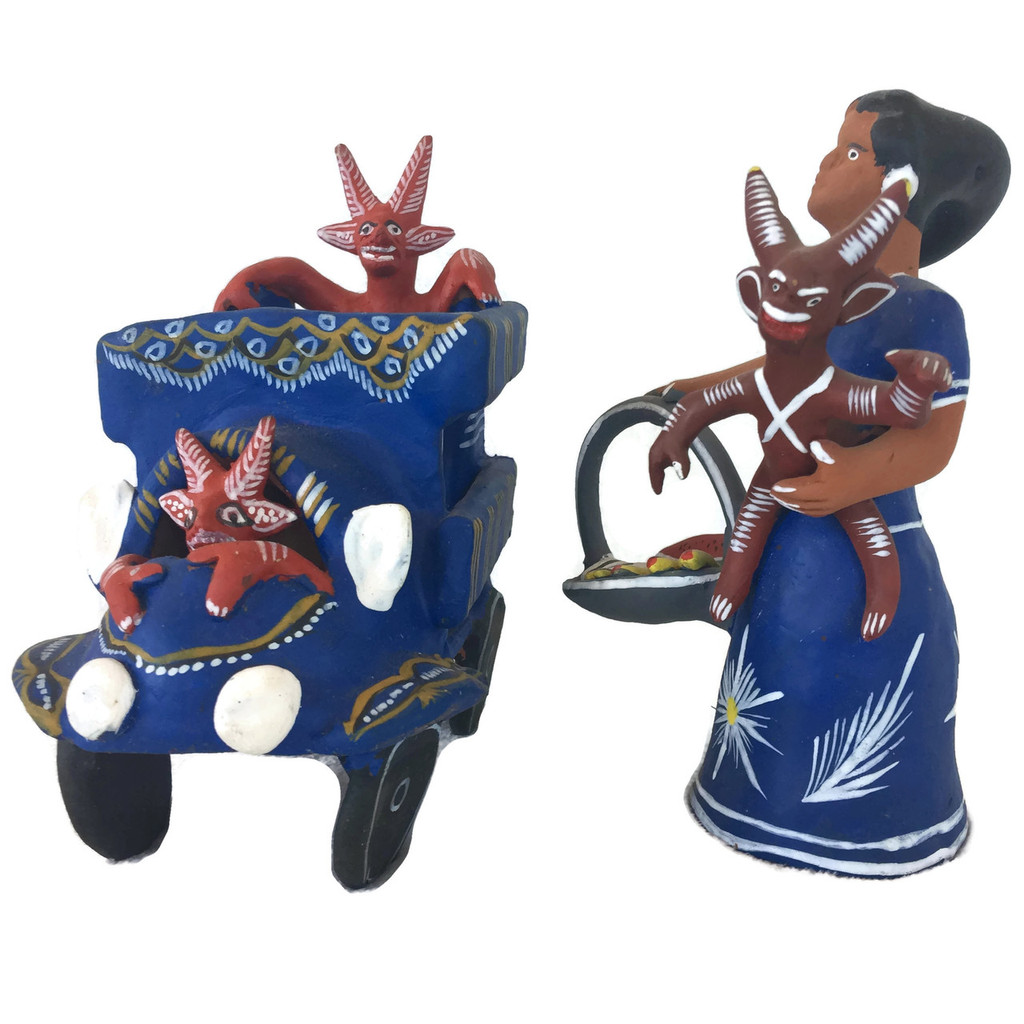Ocumicho hand sculpted mother and Devil in a basket