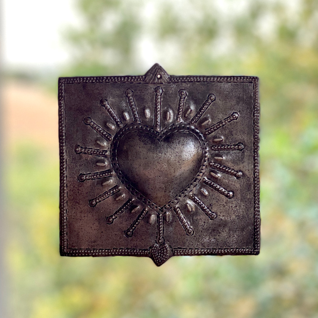 Squared Milagro Heart, Handmade in Haiti from recycled oil drums, Metal Wall Art, 9" x 9"