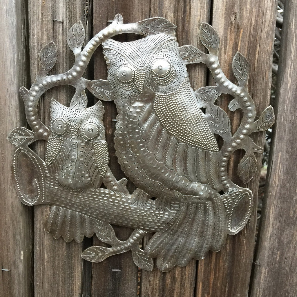 Owls Metal Wall Art, Handmade in Haiti, Steel Drum Decor 11" x 11"