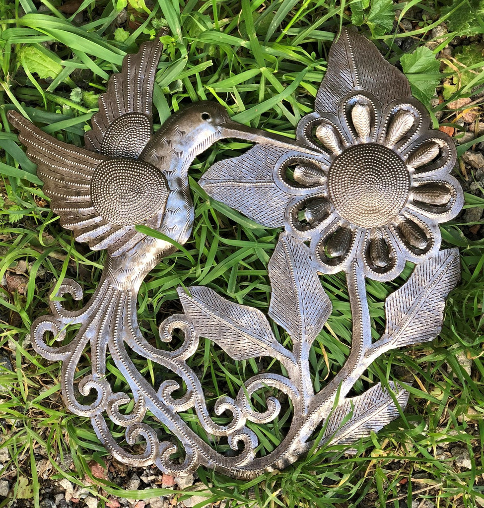 Hummingbird feeding on the Bloom, Handmade Garden Metal Decor, Indoor and Outdoor Wall Hanging, Haiti Workmanship 11" x 11"