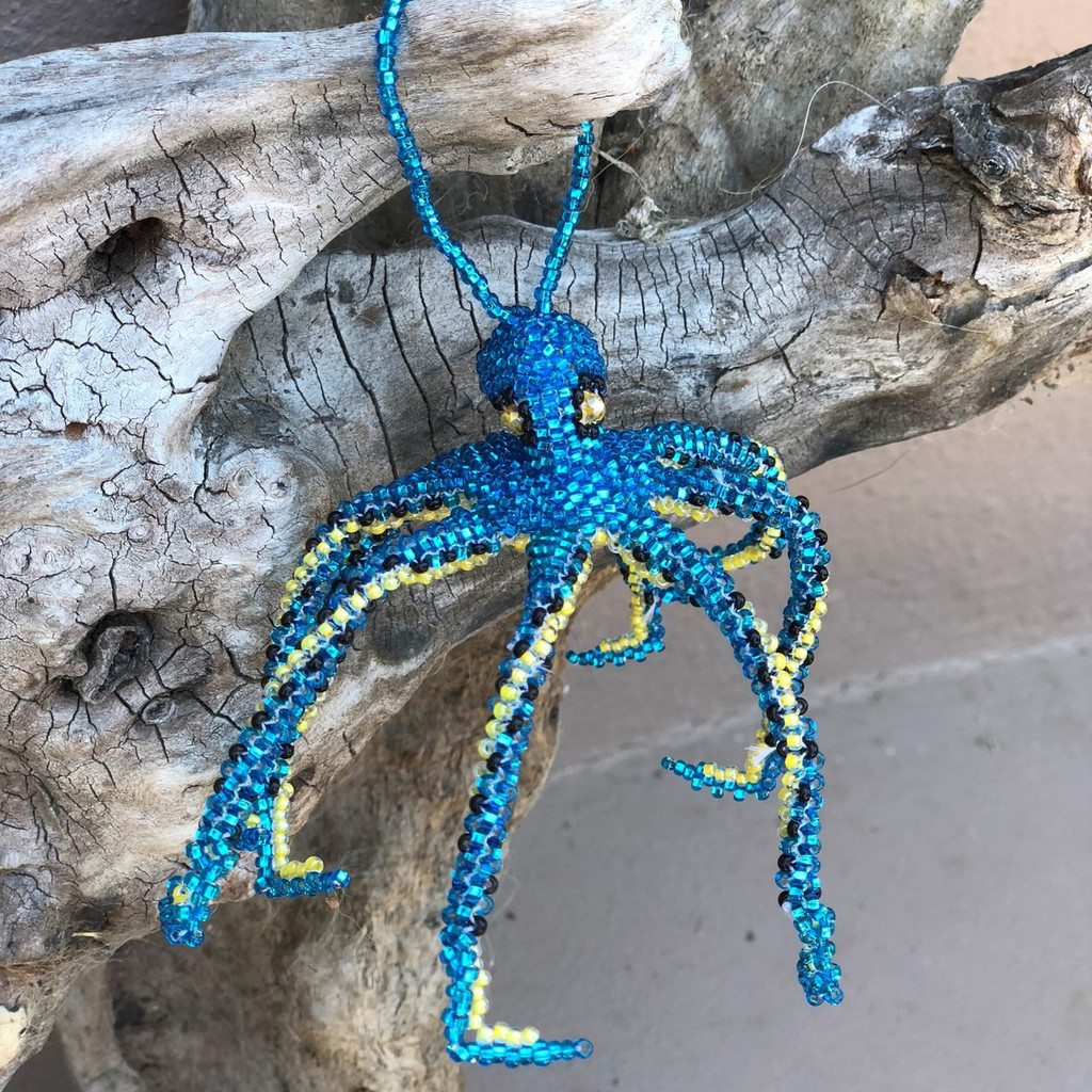 Octopus Sapphire Blue, Ornament, Hand Beaded made in Guatemala ,
